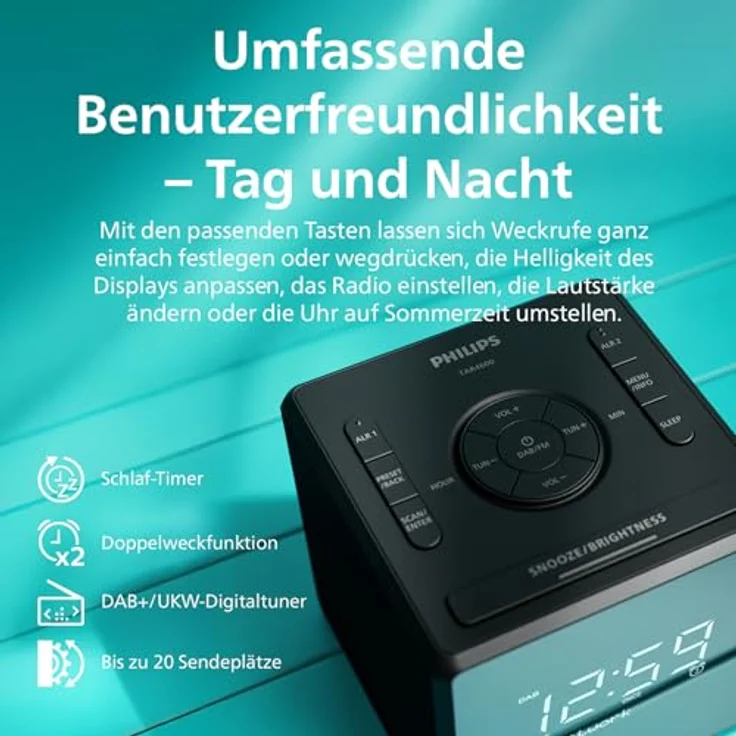 Philips TAR4600, Dual Alarm DAB/FM Radiowecker mit USB-C-Ladeanschluss, hochglänzendes LCD-Display, sanfter Weckton, Sleep-Timer, batteriesicher – Bild 4