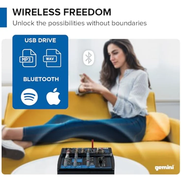 Gemini Sound GEMINI GEM 05 USB USB Mixer / Bluetooth / USB Media Player / Streaming / 5 Kanäle / Phantomspeisung, Niedriger Rauschen / 1 mic pre / Eingebaute Verzögerung FX / 2-Band-EQ – Bild 3