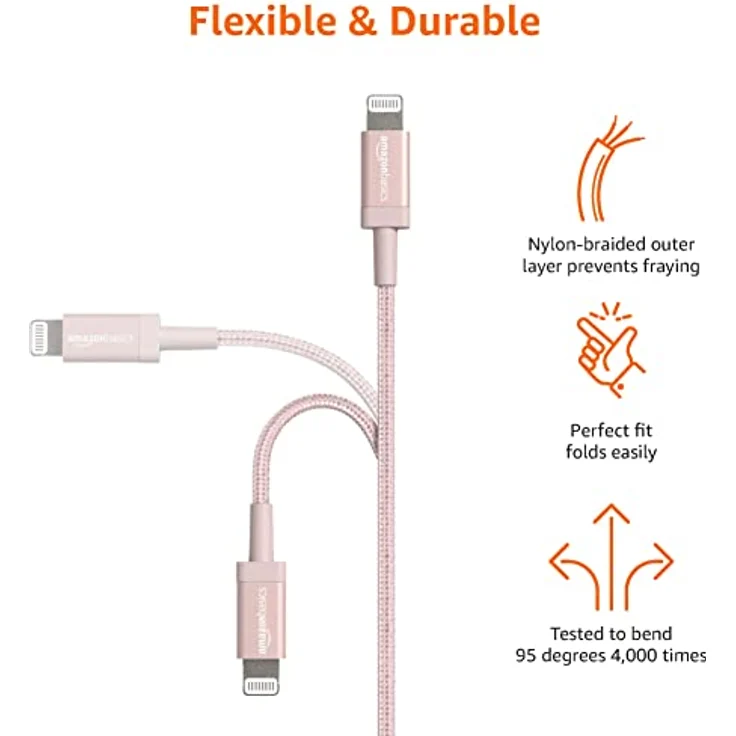 AmazonBasics – Verbindungskabel Lightning auf USB-A, Nylon-umflochten, MFi-zertifiziertes Ladekabel für iPhone, rotgoldfarben, 1,82 m, 2 Stück – Bild 5
