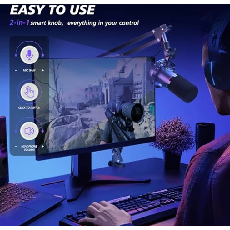 MAONO PD200XS, XLR/USB Dynamisches Mikrofon Set mit RGB-Licht, Stummschalttaste und Gain-Regler, ideal für PC Gaming, Streaming und Podcasting, schwarz – Bild 5