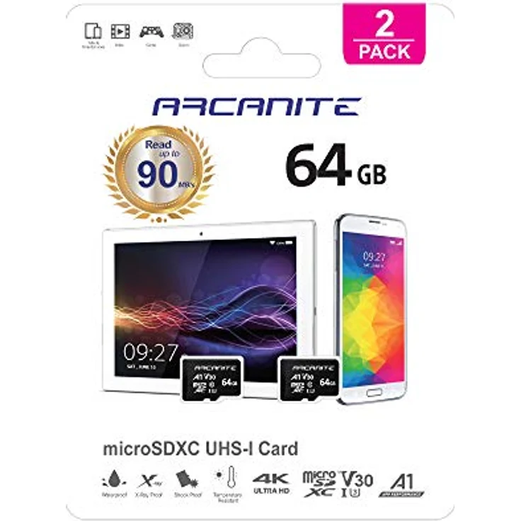 ARCANITE 2 Stücke 64 GB microSDXC Speicherkarte - UHS-I U3, A1, V30, 4K, C10, microSD, Lesegeschwindigkeiten von bis zu 90 MB-s. – Bild 5