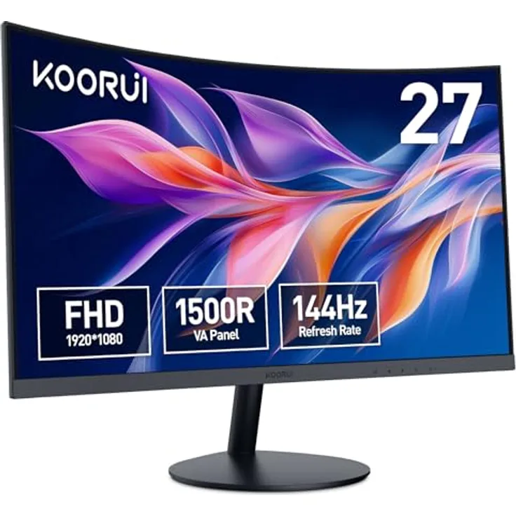 KOORUI 27 Zoll FHD Curved Monitor, 144Hz VA-Panel, 1500R Krümmung, Neigungsverstellung, Augenpflege, HDMI und VGA, Schwarz