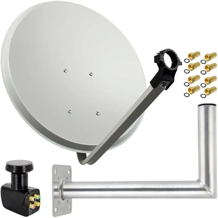PremiumX SAT Anlage PXS60, 60cm Satellitenantenne in Hellgrau mit Quad LNB und 45cm Wandhalter aus Aluminium
