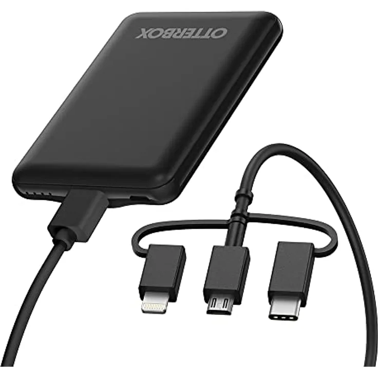 OtterBox Power Bank 5000 mAh externer Akku mit USB-A 10W und Micro-USB 10W Ausgangsleistung, Status LED, schlankes, sturzgeschütztes und robustes Design, inkl. 3 in 1 Ladekabel, Schwarz
