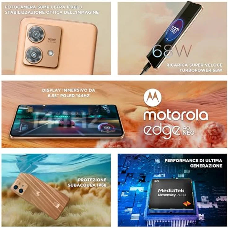 Motorola Edge 40 Neo Smartphone, 12/256 GB, 16,55 cm (6,55 Zoll), 144 Hz, IP68, 50 MP Ultra Pixel, 68 W Turbopower, Dolby Atmos, Android 13, 5000 mAh, Dual-SIM, Peach Fuzz, ES-Version und PT – Bild 3