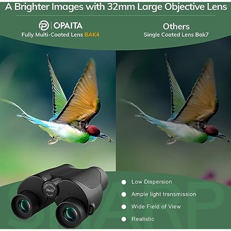 Opaita 20x32 Kompakt Fernglas, HD mit großem Okular, ultrasklar für Vogelbeobachtung, Jagd und Sportspiele, ergonomisches Design, robust und leicht – Bild 3