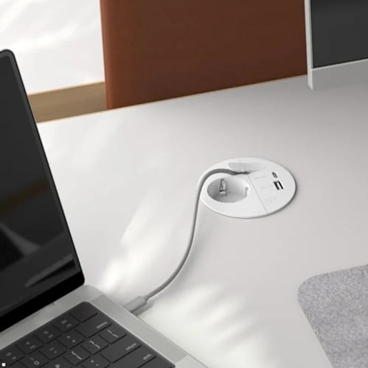 BACHMANN Einbausteckdose Loop IN Charge 1x Steckdose 1x USB A/C 22W mit Kabeldurchführung 2m Zuleitung für Büro, Besprechungsraum und Wohnraum in Weiß – Bild 3