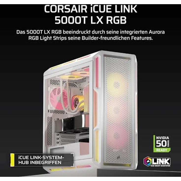 Corsair iCUE LINK 5000T LX RGB Mid-Tower ATX PC-Gehäuse - Aurora RGB-Lichtstreifen, LX120 RGB-Lüfter, Geräumiges Interieur - Weiß – Bild 2