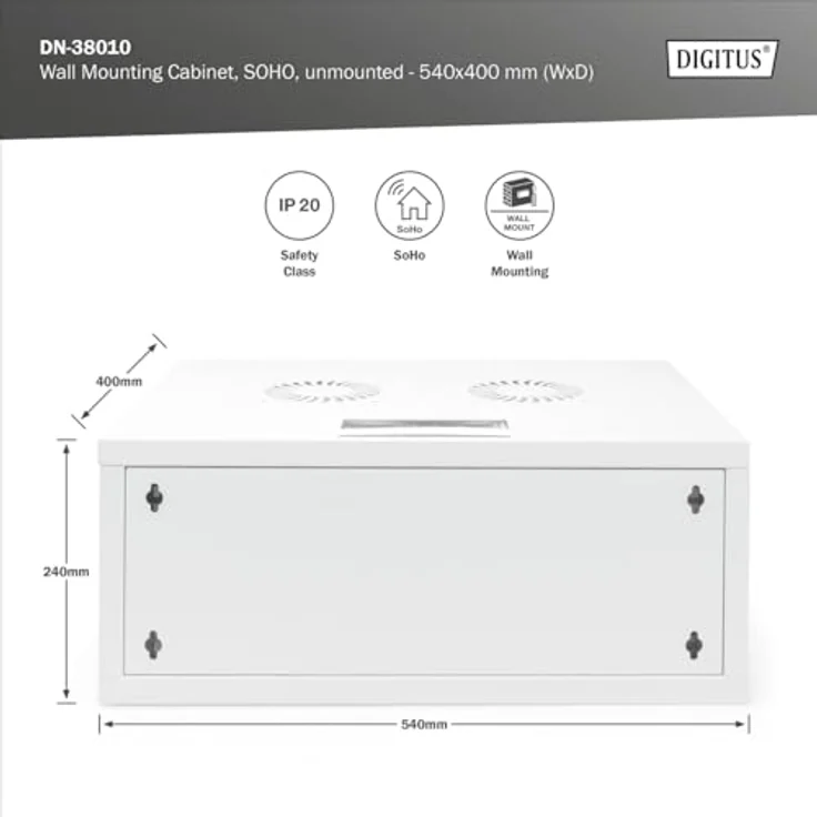 DIGITUS Netzwerkschrank - 19-Zoll Rack 4 HE - Unmontiert - Wandmontage - 400 mm Tiefe - Traglast 60 kg - Glastür - Grau – Bild 3
