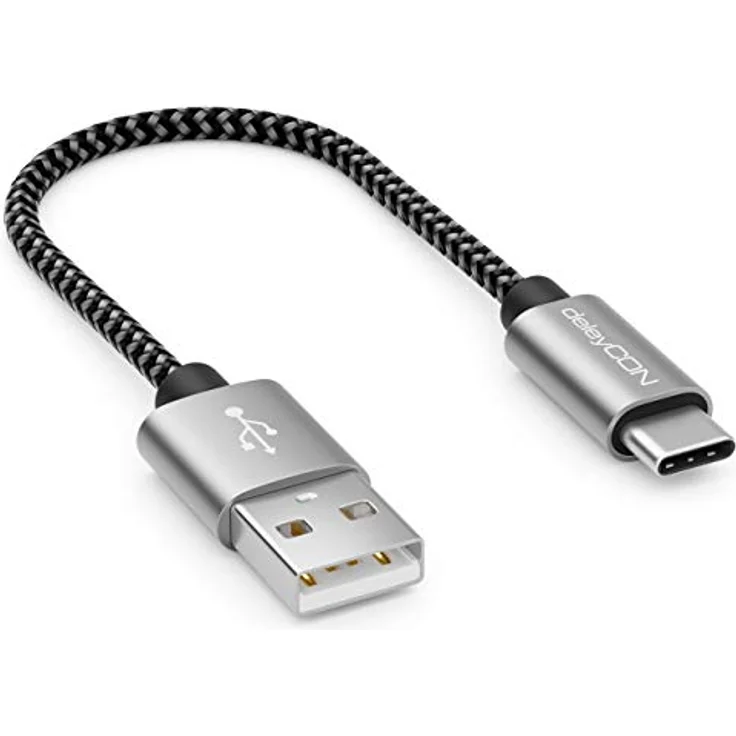 deleyCON 0,15m Nylon USB-C Kabel 15cm Schwarz Kurz Ladekabel mit Metallstecker für Handy & Smartphone – Bild 1