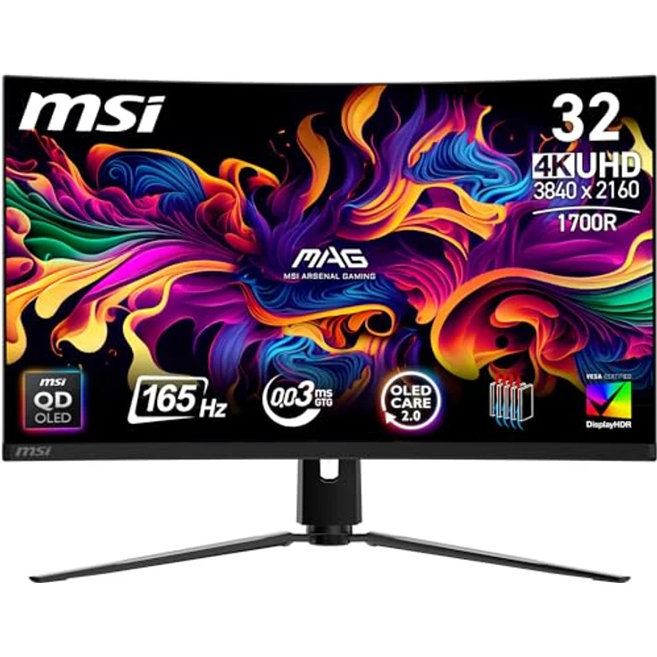 MSI MAG 321CUPDE QD-OLED, 32 Zoll UHD Curved Gaming Monitor mit 165Hz, 0,03ms Reaktionszeit, 99% DCI-P3, DisplayHDR True Black 400, DP 1.4a, HDMI 2.1, USB Type-C – Bild 1