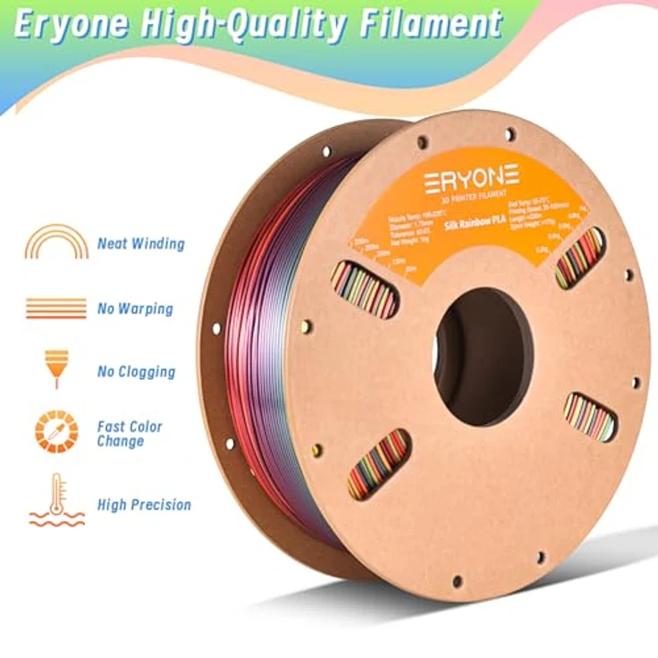 ERYONE Ultra Shiny Silk PLA Filament 1.75mm, Multicolor Rainbow Fast Color Gradient, 1kg Spule, hochwertige Druckqualität – Bild 4