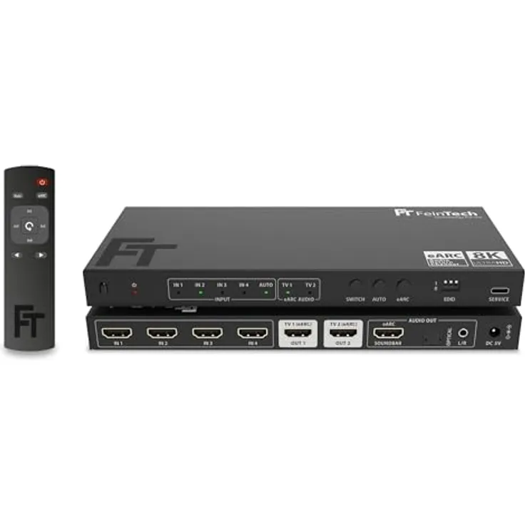 FeinTech AX341 HDMI 2.1 eARC Splitter Switch, 4 In 2 Out mit Audio Extractor, 8K 60Hz, 4K 120Hz, Downscaler, Auto-Switching, CEC-Funktion, Dolby Atmos, inkl. Toslink & AUX