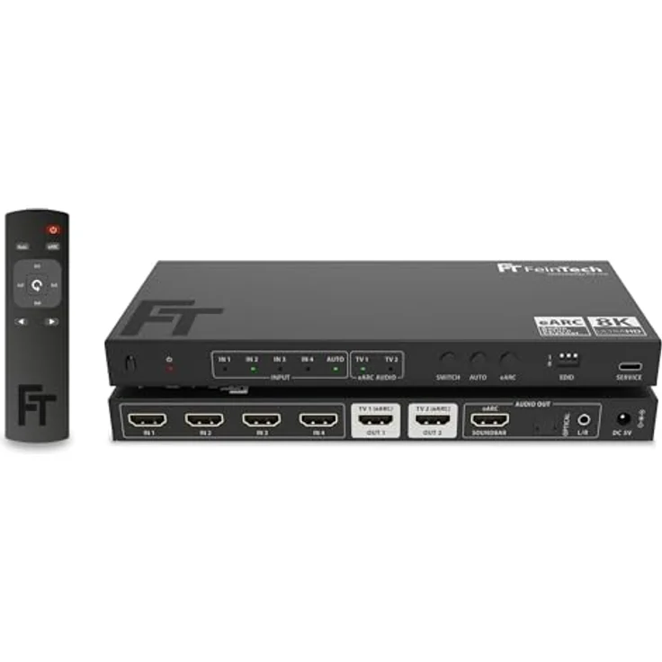 FeinTech AX341 HDMI 2.1 eARC Splitter Switch, 4 In 2 Out mit Audio Extractor, 8K 60Hz, 4K 120Hz, Downscaler, Auto-Switching, CEC-Funktion, Dolby Atmos, inkl. Toslink & AUX – Bild 1