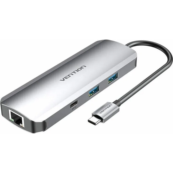 Vention TOMHB Dockingstation, USB-C zu HDMI, 2x USB3.0, RJ45, SD, TF, TRRS 3,5 mm, PD, grau