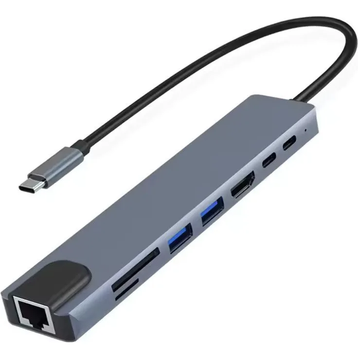 TradeNation Laptop-Dockingstation USB-C Hub 8-IN-1 Adapter HDMI USB 3.0 LAN Ethernet SD Kartenleser, 4K RJ45 Micro, Aluminiumgehäuse