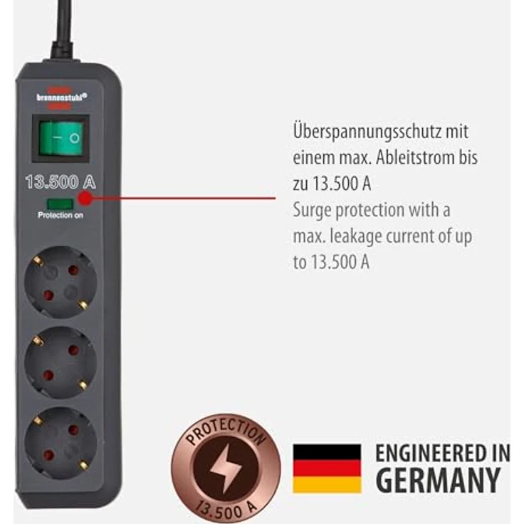 Brennenstuhl Eco-Line, Steckdosenleiste 3-fach mit Überspannungsschutz (Steckerleiste mit erhöhtem Berührungsschutz, Schalter und 1,5m Kabel) anthrazit – Bild 2
