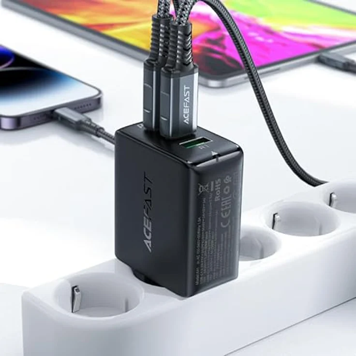 Acefast A41, USB Ladegerät mit 65 W, 3 Anschlüssen (2x USB-C, 1x USB-A), GaN-Technologie, Schwarz – Bild 3