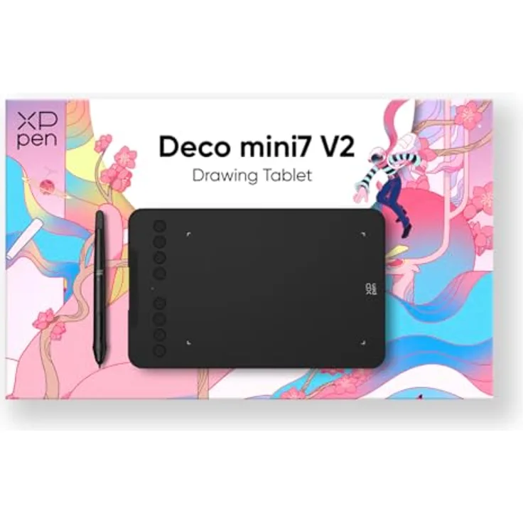 XP-Pen Deco mini7 V2, Grafiktablett mit 16.384 Druckempfindlichkeitsstufen, kabellosem Stift und 8 programmierbaren Tasten, Schwarz