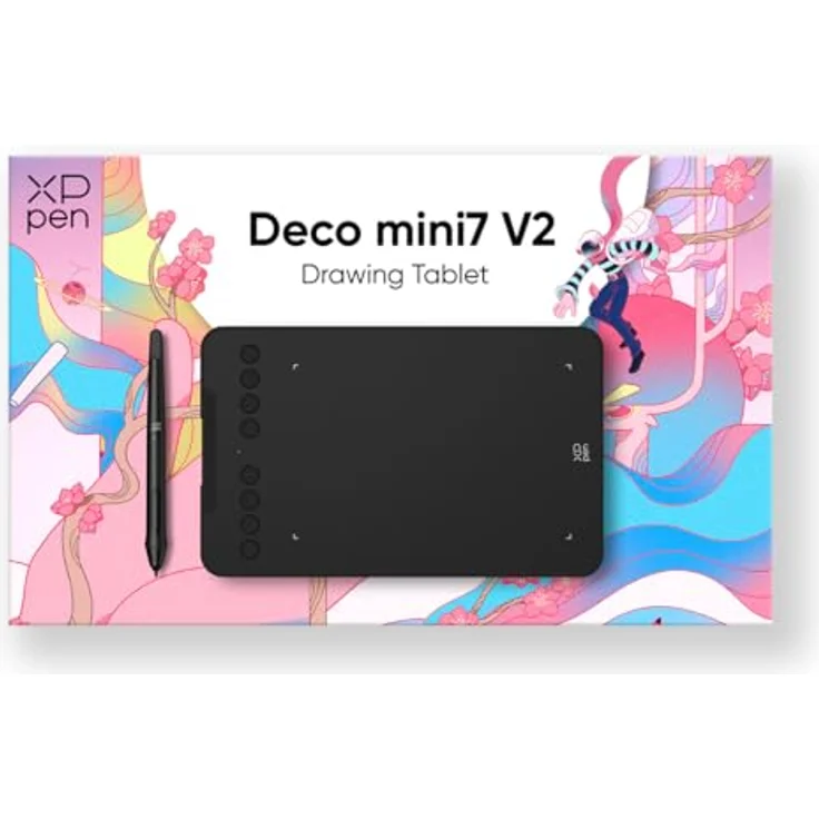 XP-Pen Deco mini7 V2, Grafiktablett mit 16.384 Druckempfindlichkeitsstufen, kabellosem Stift und 8 programmierbaren Tasten, Schwarz – Bild 1