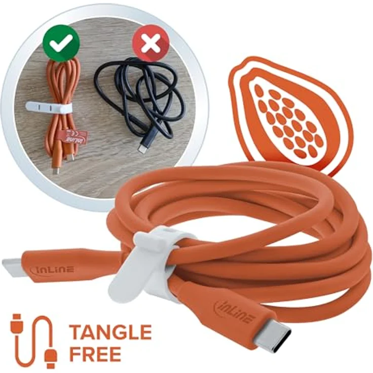 InLine Colour your Charge USB C Kabel 100W, PD Schnellladekabel, Silikon, flexibel, 0,5m, Papaya (orange) – Bild 3