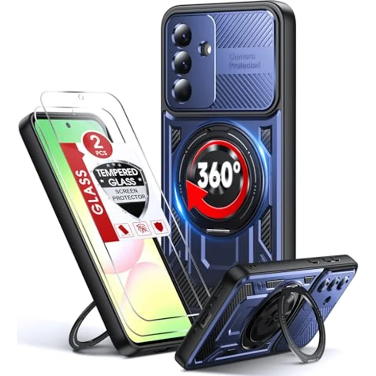 LeYi Handyhülle für Samsung Galaxy A56 5G / A36 5G, TPU Militärqualität mit 2 Schutzfolien, 360° drehbarem Metallring und Kameraschutz, stoßfest, blau – Bild 1