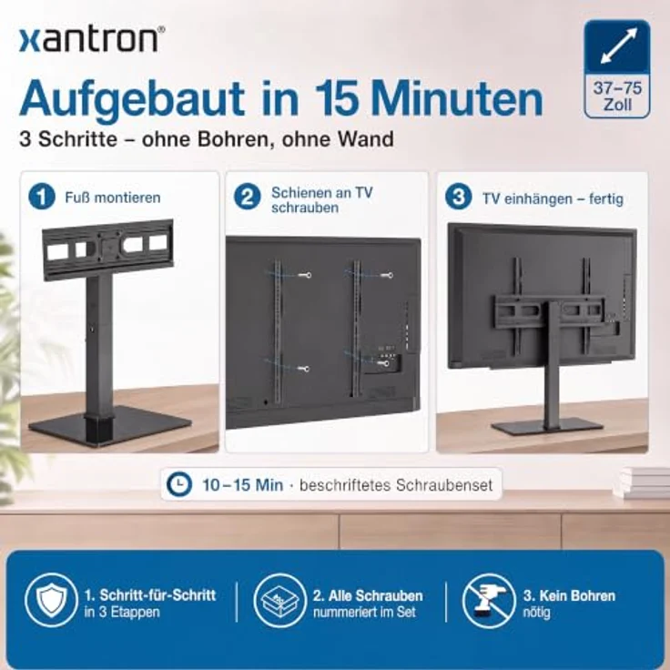 Xantron PREMIUM-TVS02, höhenverstellbarer TV Standfuß 37–75 Zoll, schwenkbar, für optimale Ergonomie – Bild 3