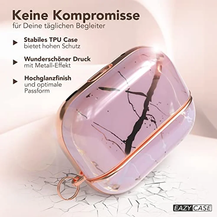 EAZY CASE AirPods Pro 2 Hülle Rosa Hard Case Stoßfest mit Karabiner - Antikratz, rutschfest, Rosegold Marmor – Bild 4