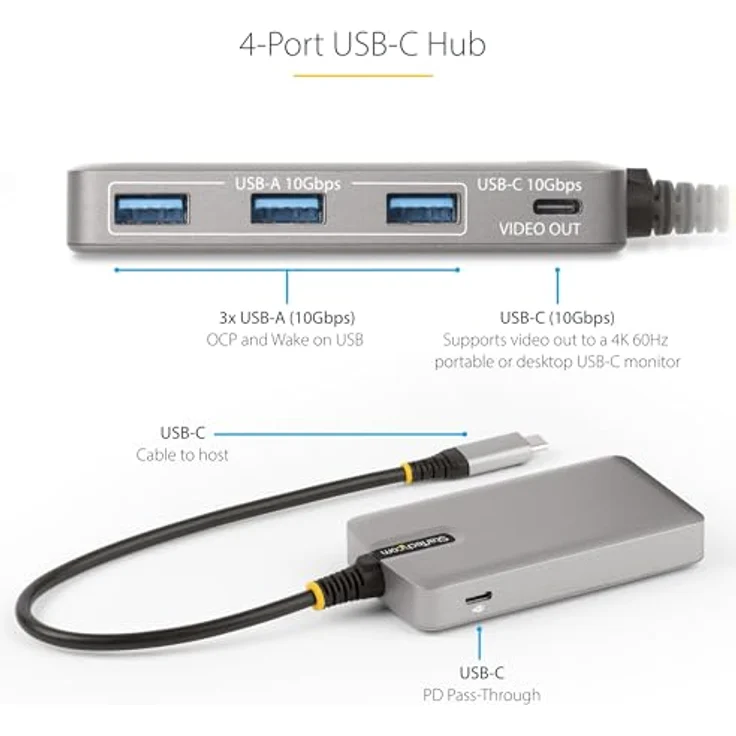 StarTech.com 4-Port USB-C Hub mit DP Alt Mode Videoausgang 4K 60Hz - USB-C auf 3X USB-A & USB-C, 100W Power Delivery, USB 3.2 10Gbps, 30cm Kabel, USBC Verteiler/Splitter USB-C zu USB (HB31C3A1CDPPD3) – Bild 3
