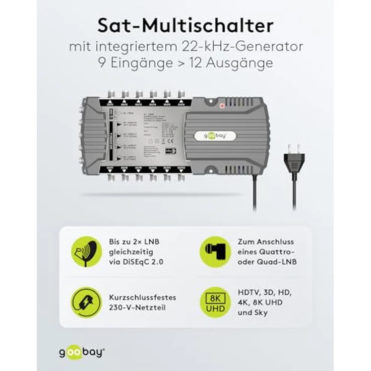goobay 64881 Sat-Multischalter/Kompakt-Multischalter / 9 Eingänge / 12 Ausgänge / 4K, 8K UHD/DAB+ / für 12 Teilnehmer – Bild 2