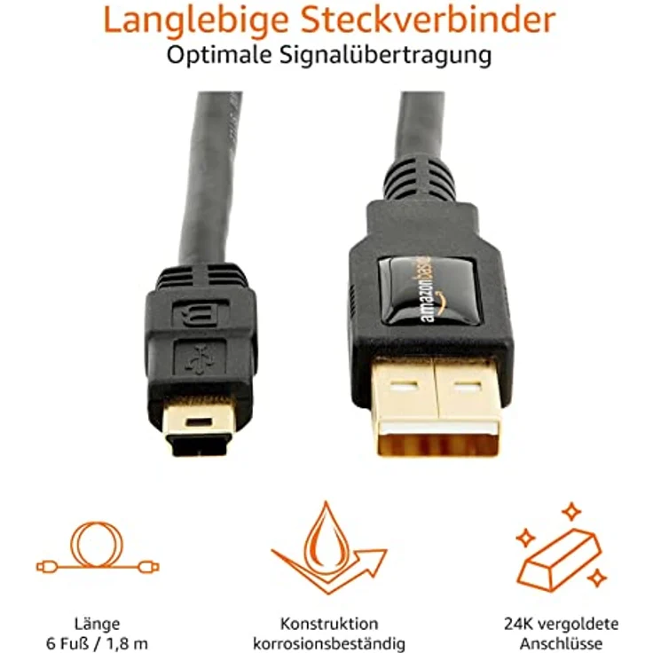 AmazonBasics 7GUK USB 2.0 A-Stecker auf Mini-B-Stecker (1,8 m),Schwarz - Preisvergleich – Bild 2
