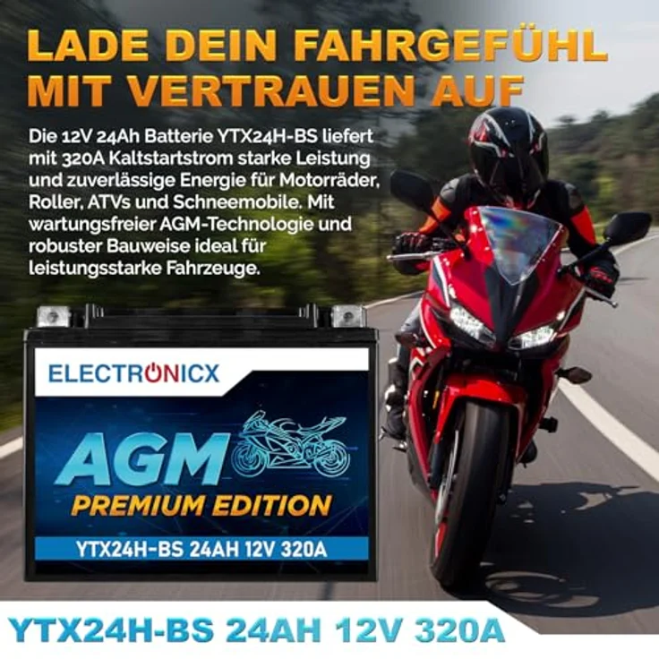 Electronicx YTX24H-BS AGM Motorradbatterie 24Ah 12V - wartungsfrei, rüttelfest, auslaufsicher für Motorrad, Roller, Quad, ATV – Bild 2