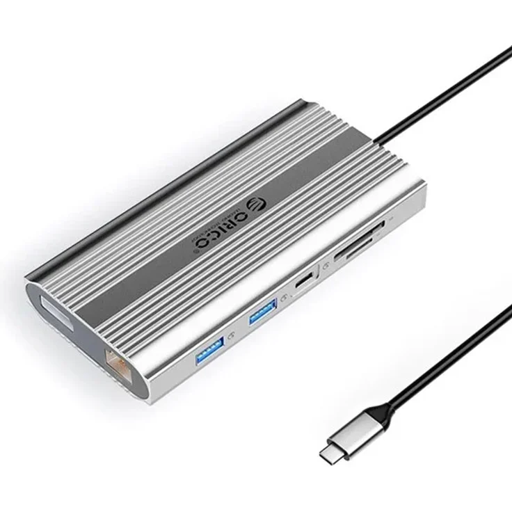 ORICO XDR 12in1 USB-C Docking Station, 4K 60Hz mit 2x HDMI, DisplayPort, RJ45 Gigabit, SD/microSD Kartenleser - Silber