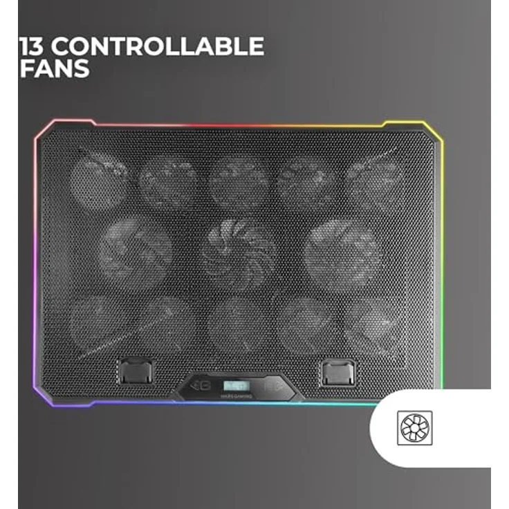 Mars Gaming MNBC13, Laptop-Ständer und Kühlfuß für Notebooks bis 17", 13 Lüfter, ARGB-Beleuchtung mit 10 Modi, LCD-Display, 8 verstellbare Neigungsstufen, Smartphone-Ständer, Schwarz – Bild 2