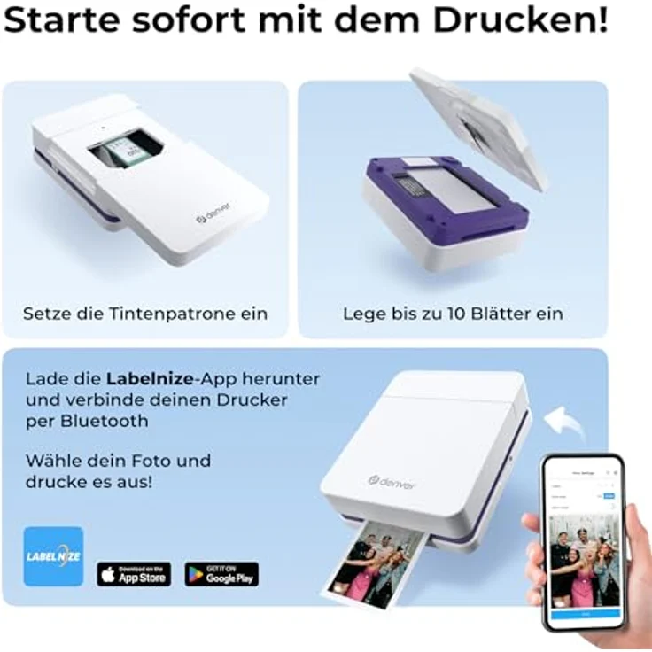 Denver MCP-6010 Mini Fotodrucker, mobiler Farbdrucker mit Bluetooth 5.2, 600 DPI, inkl. Patrone & 20 Blatt Fotopapier Set – Bild 5