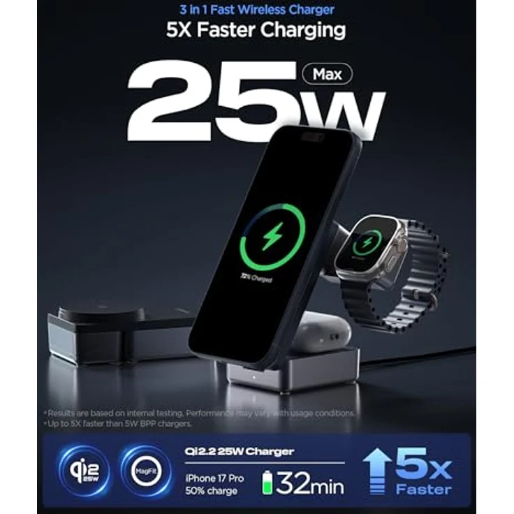 Spigen Essential Qi2.2 25W 3-in-1 MagSafe Ladestation für Apple Watch und iPhone, inkl. USB-C Kabel, induktive Ladestation, kabelloses faltbares Ladegerät für iPhone 17 16 Pro Max 17e – Bild 2