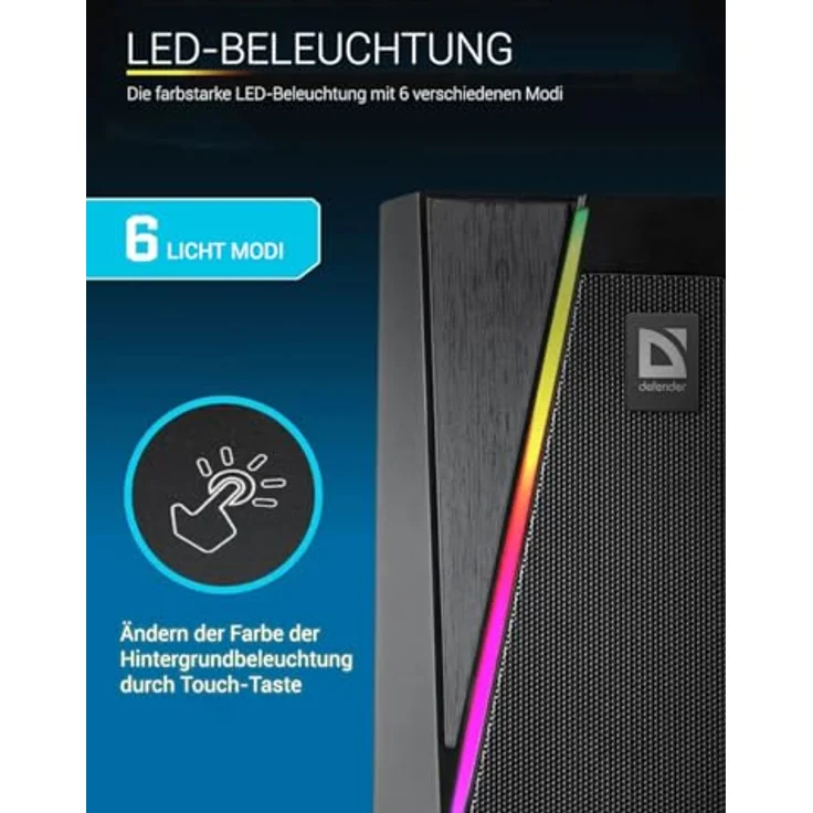 Defender® Solar 3, Desktop Lautsprecher für PC und Laptop, HiFi Stereo mit Bluetooth 5.0, 3,5mm AUX, 10W, 6 Farbige LED-Modi, Gaming Lautsprecher – Bild 4