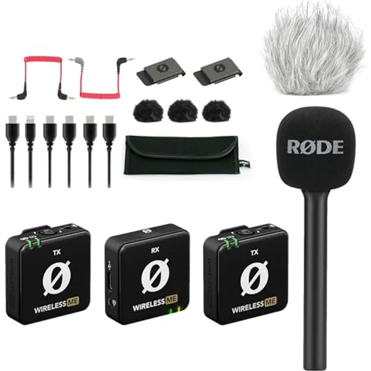 RØDE Wireless ME Dual Mikrofon Funksystem + Interview GO Handadapter + keepdrum Fell-Windschutz, ideal für Videofilmer und Interviews, 2.4-GHz-Band, mit eingebautem Mikrofon