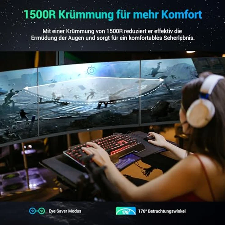 KTC Gaming Monitor Curved 27 Zoll, 180Hz, QHD 2K 2560 x 1440p, 1ms, HDR10, Freesync & G-sync, VA 1500R Rahmenlos Monitore, 120% sRGB, Blaulicht Reduktion, schwarz – Bild 3