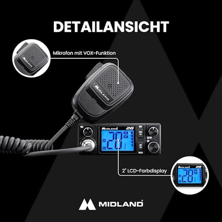 Midland 28 CB C1563, CB-Funkgerät mit 2"-LCD-Display, digitaler Rauschsperre und 12/24 V-Versorgung, sieben Farben wählbar – Bild 5