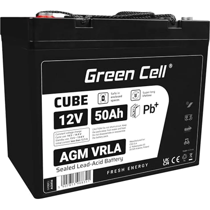 Green Cell AGM 12V 50Ah Akku Vlies Batterie Schwarz - Zyklenfest & Wartungsfrei, ideal für Caravan Camping Solarpanel