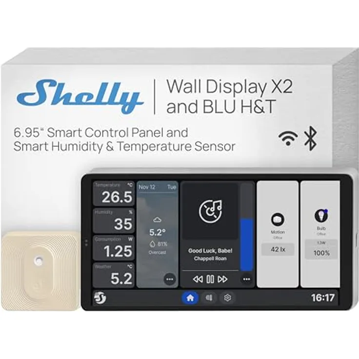 Shelly Wall Display X2 + Blu H&T, Smart Home Hub mit Echtzeitdaten für Temperatur und Luftfeuchtigkeit, Silber