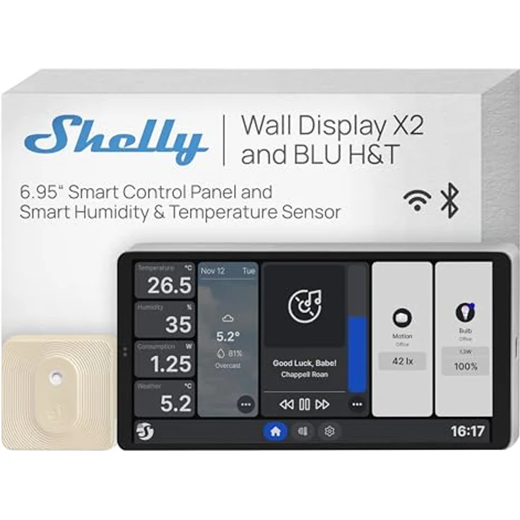 Shelly Wall Display X2 + Blu H&T, Smart Home Hub mit Echtzeitdaten für Temperatur und Luftfeuchtigkeit, Silber – Bild 1