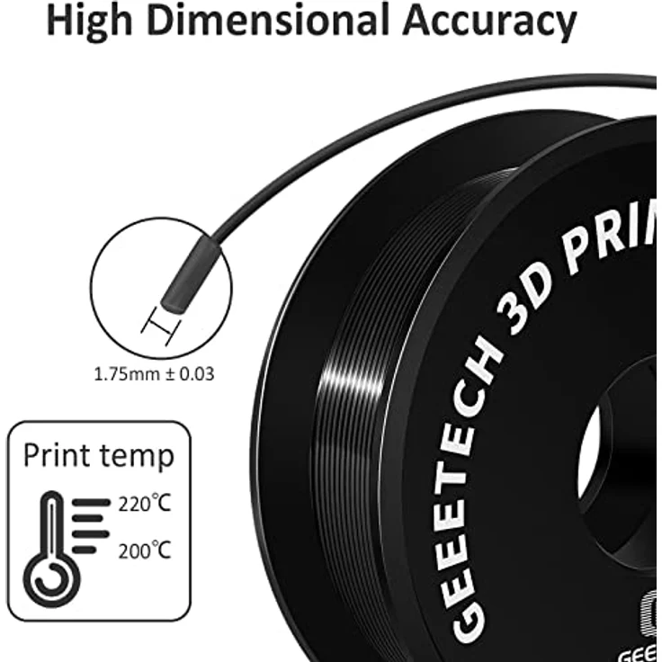 GEEETECH PLA Filament 1,75mm Silk Schwarz, 3D Filament mit hoher Präzision und verbesserter Haltbarkeit, 1kg Spule – Bild 4
