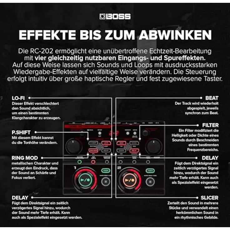 BOSS RC-202, Sampler und MIDI Controller mit 2 Stereo-Schleifen, 64 Phrasenspeichern, Schwarz – Bild 4