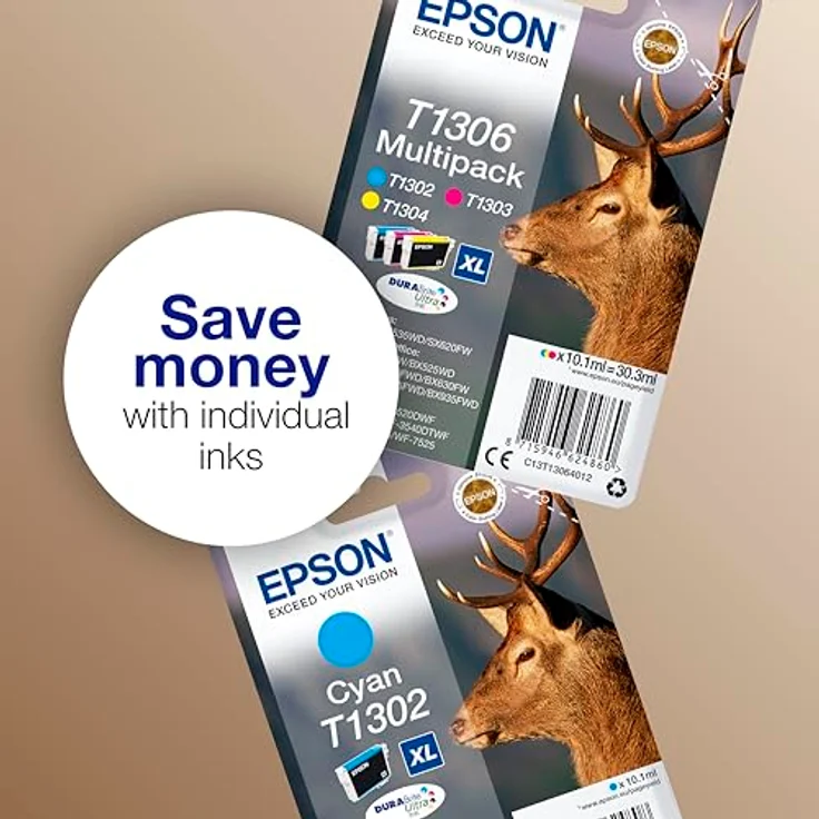 Epson Original T1306 Tinte Hirsch (SX420W BX320FW SX620FW BX-SX525WD BX625FWD BX305FW B42WD BX925FWD BX635FWD BX535WD SX435-440W BX630FW SX235W WF7015 7515 7525 3010 3520 3540) Multipack 3-farbig – Bild 4