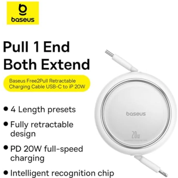 Baseus Free2Pull, Einziehbares USB-C auf Lightning Schnellladekabel, 1 m, 20W, Weiß, Hochgeschwindigkeits-Datenübertragung bis 480 Mbit/s – Bild 7