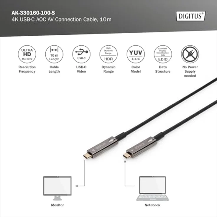 Digitus USB C - USB C AOC Kabel, 10 m, USB 3.2 Gen 1, UHD 4K/60Hz, verlustfreie Übertragung, ideal für Heim- und Konferenzräume – Bild 3