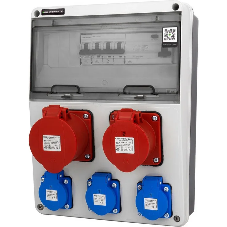Doktorvolt Baustromverteiler DV-6753-D, CEE 32/16A 3x230V, SCHUKO, FI- und LS-Schalter, VDE-zertifiziert, IP44, grau/schwarz