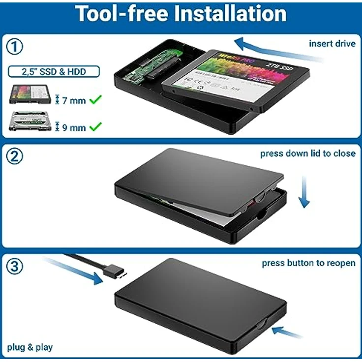 deleyCON USB-C Festplattengehäuse 2,5 Zoll - USB 3.1 Gen 1 Externes Festplatten Gehäuse für 2,5" (6,35 cm) SATA HDD Festplatte / SSD 7 mm & 9 mm - Werkzeugfreie Montage - Schwarz – Bild 4
